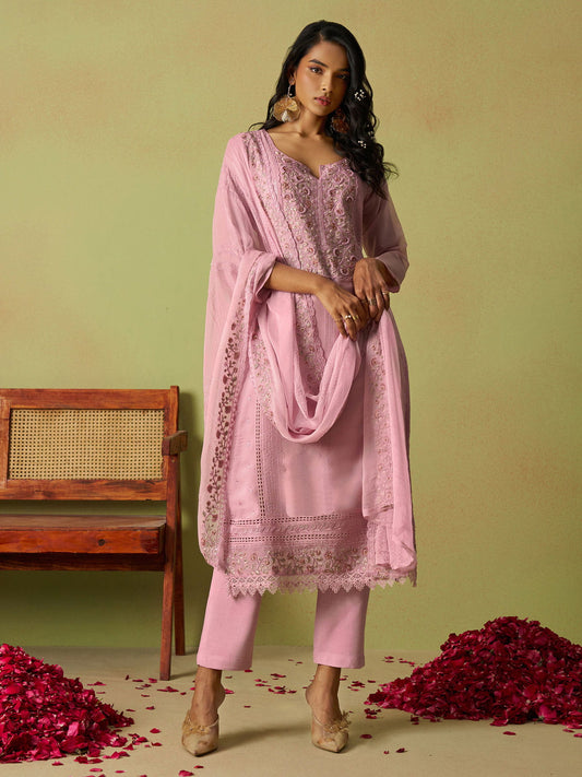 Attractive Pink Thread Work Organza Festival Wear Pant Suit