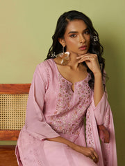 Attractive Pink Thread Work Organza Festival Wear Pant Suit