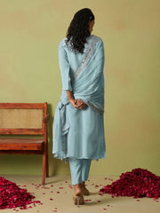 Beautiful Dusty Blue Khatli Work Organza Pant Suit With Dupatta