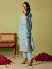 Beautiful Dusty Blue Khatli Work Organza Pant Suit With Dupatta