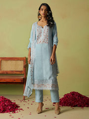 Beautiful Dusty Blue Khatli Work Organza Pant Suit With Dupatta