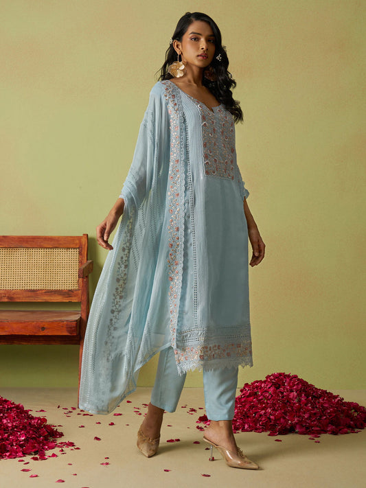 Beautiful Dusty Blue Khatli Work Organza Pant Suit With Dupatta