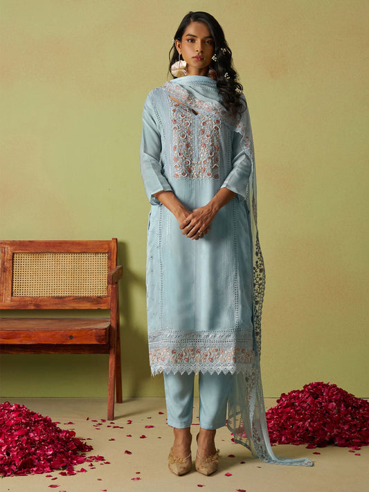 Beautiful Dusty Blue Khatli Work Organza Pant Suit With Dupatta
