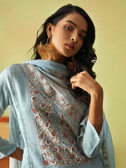 Beautiful Dusty Blue Khatli Work Organza Pant Suit With Dupatta