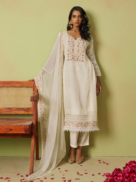 Off-White Thread Work Organza Traditional Pant Suit