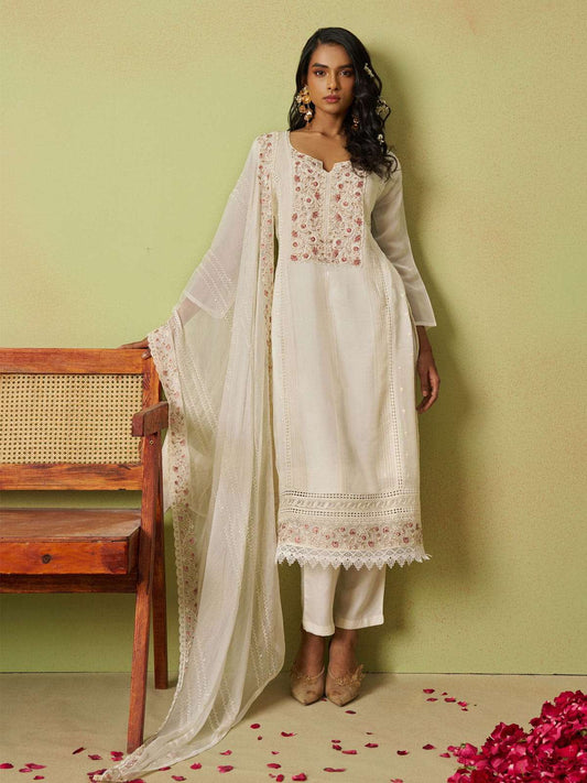Off-White Thread Work Organza Traditional Pant Suit