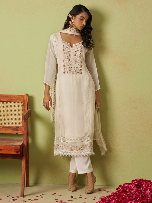 Off-White Thread Work Organza Traditional Pant Suit