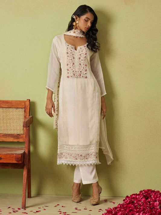 Off-White Thread Work Organza Traditional Pant Suit