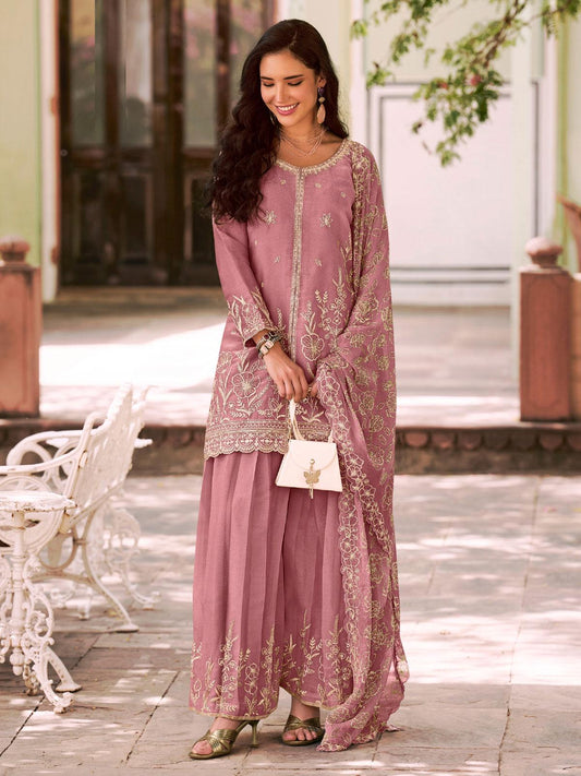 Pink Moss Silk Embroidered Festive Palazzo Style Set
