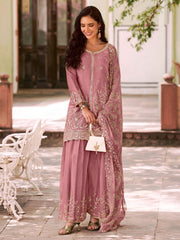 Pink Moss Silk Embroidered Festive Palazzo Style Set