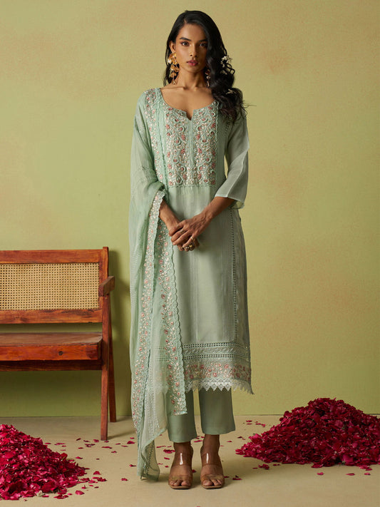 Pista Green Khatli Work Organza Eid Special Pant Suit