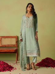 Pista Green Khatli Work Organza Eid Special Pant Suit