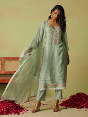 Pista Green Khatli Work Organza Eid Special Pant Suit
