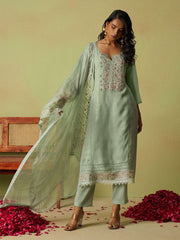Pista Green Khatli Work Organza Eid Special Pant Suit