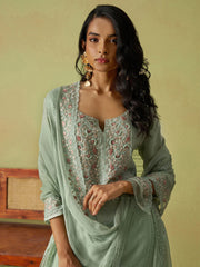 Pista Green Khatli Work Organza Eid Special Pant Suit