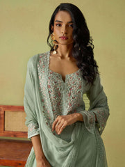 Pista Green Khatli Work Organza Eid Special Pant Suit
