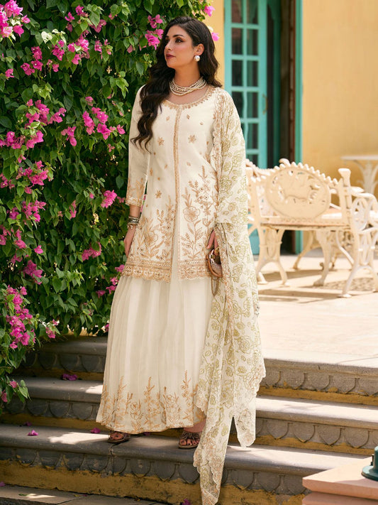 Cream Moss Silk Embroidered Festive Palazzo Style Set
