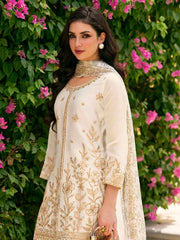 Cream Moss Silk Embroidered Festive Palazzo Style Set