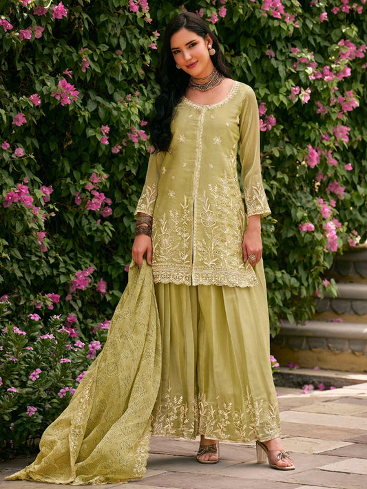 Green Moss Silk Embroidered Festive Palazzo Style Set