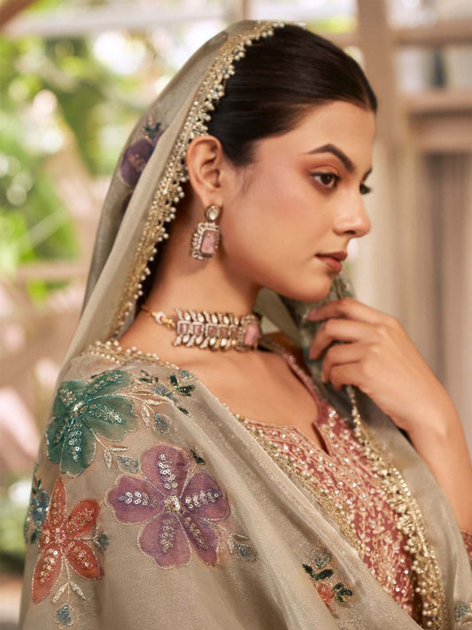 Pink Fendy Silk Embroidered Festive Palazzo Style Set