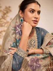 Grey Fendy Silk Embroidered Festive Palazzo Style Set