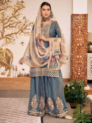 Grey Fendy Silk Embroidered Festive Palazzo Style Set