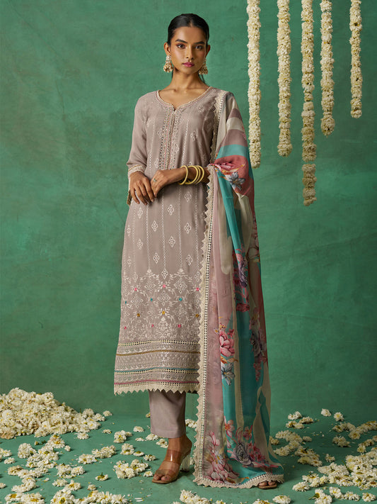 Light Brown Organza Hand Embroidered Sequins Pakistani Straight Pant Suit