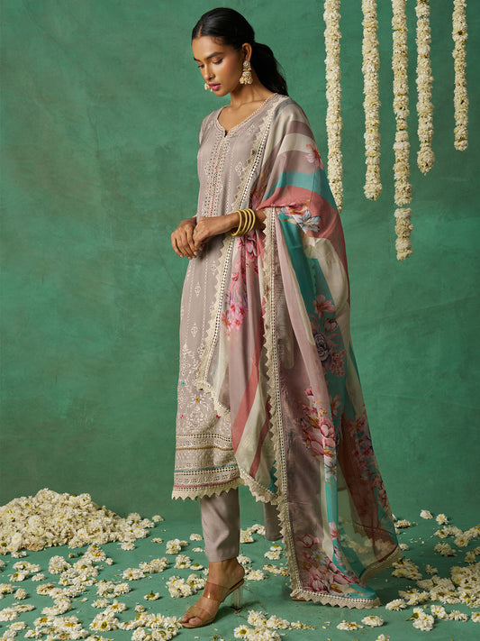 Light Brown Organza Hand Embroidered Sequins Pakistani Straight Pant Suit