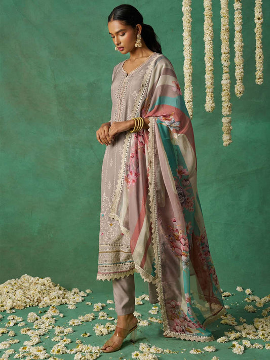 Light Brown Organza Hand Embroidered Sequins Pakistani Straight Pant Suit