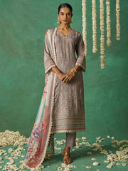 Light Brown Organza Hand Embroidered Sequins Pakistani Straight Pant Suit