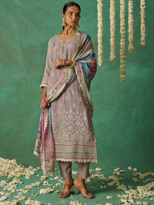 Light Brown Organza Hand Embroidered Sequins Pakistani Straight Pant Suit