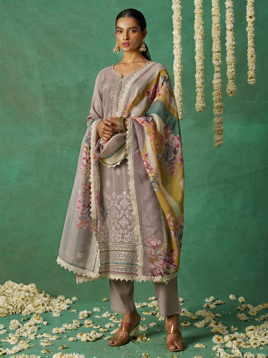 Light Brown Organza Hand Embroidered Sequins Pakistani Straight Pant Suit