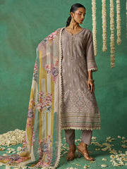 Light Brown Organza Hand Embroidered Sequins Pakistani Straight Pant Suit