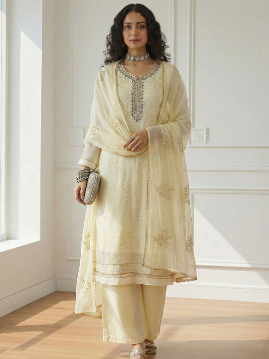 Yellow Sequins Embroidery Palazzo Style Suit