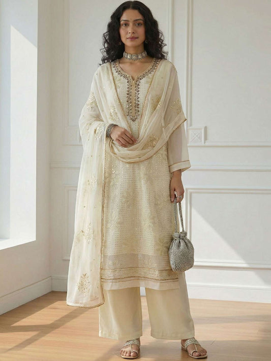 Yellow Sequins Embroidery Palazzo Style Suit