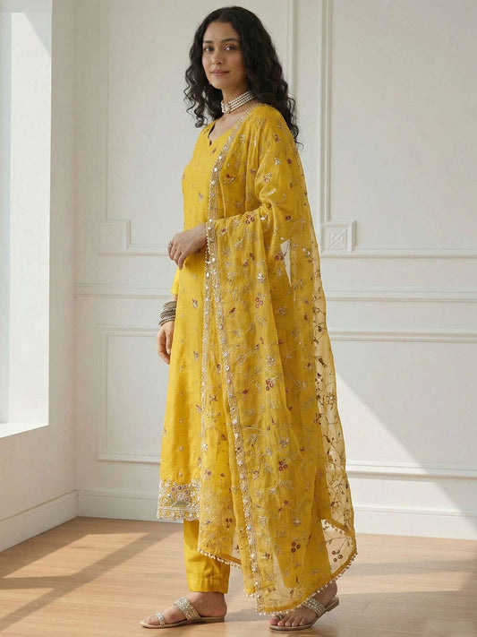 Yellow Pakistani Style Organza Festive Salwar Suit