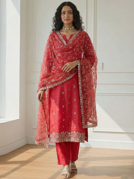 Red Pakistani Style Organza Festive Salwar Suit