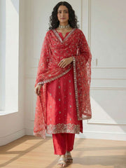 Red Pakistani Style Organza Festive Salwar Suit