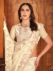 Cream Women Floral Embroidered Satin Saree