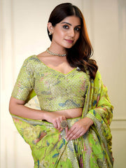 Neon Green Organza Floral Digital Print Zari Embroidered Sequins Lehenga