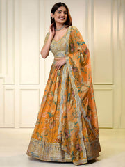 Orange Organza Floral Digital Print Zari Embroidered Sequins Lehenga