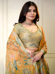 Orange Organza Floral Digital Print Zari Embroidered Sequins Lehenga