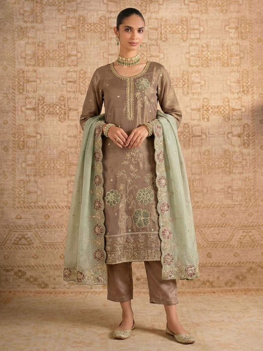 Brown Simmer Silk Embroedred Salwar Suit