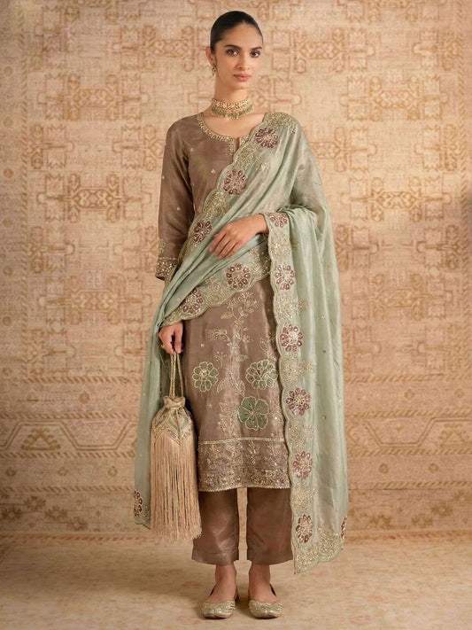 Brown Simmer Silk Embroedred Salwar Suit