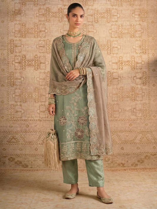 Green Simmer Silk Embroedred Salwar Suit