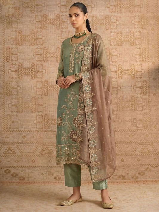 Green Simmer Silk Embroedred Salwar Suit