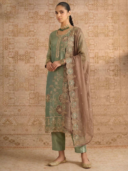 Green Simmer Silk Embroedred Salwar Suit