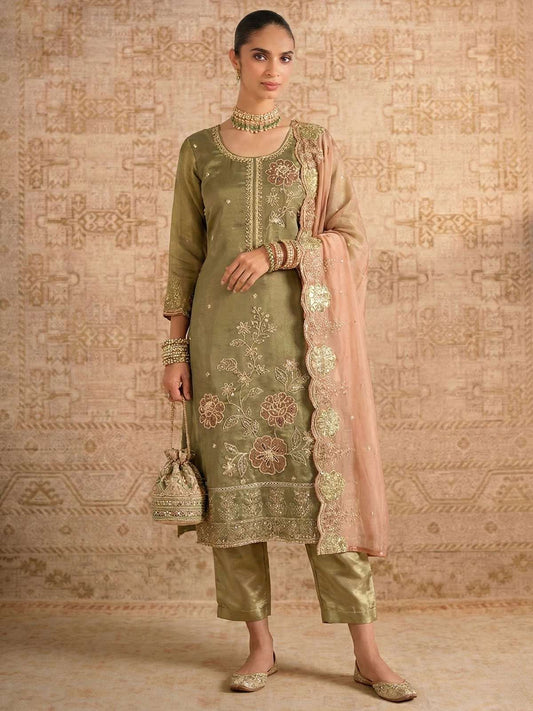 Mehndi Green Simmer Silk Embroedred Salwar Suit