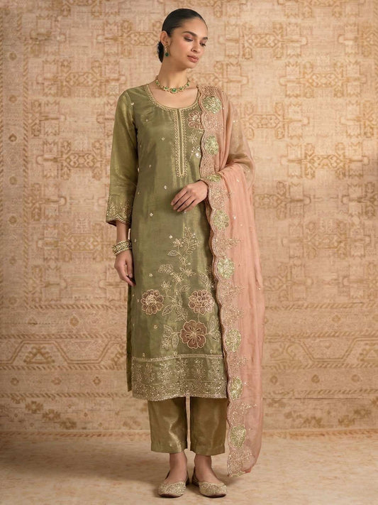 Mehndi Green Simmer Silk Embroedred Salwar Suit