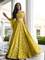 Stunning Olive Georgette Sequins Thread Embroidered Umbrella Lehenga
